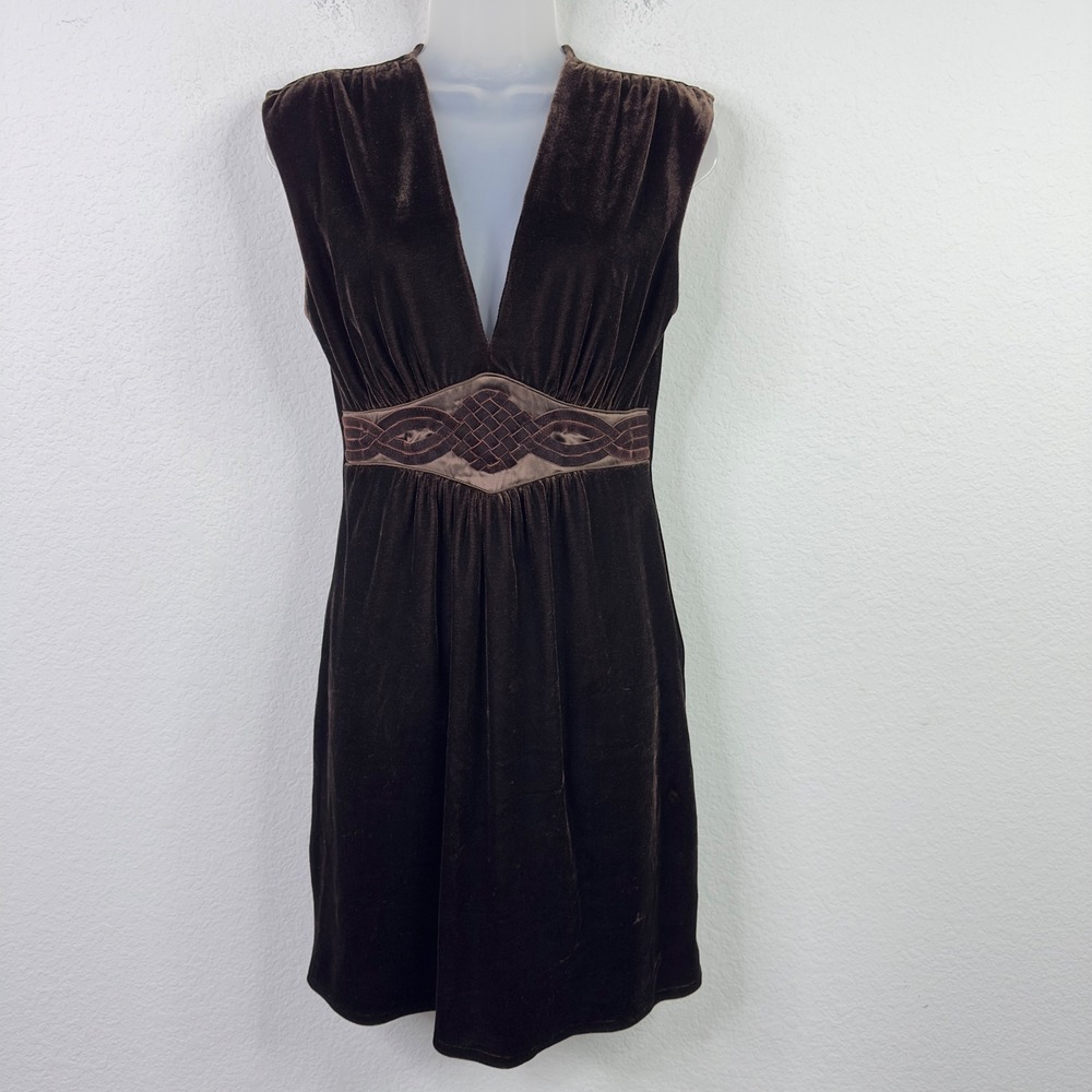 Hale Bob Dress XS Brown Velvet Plunge Neck Glam Holiday Party Whimsigoth Y2K‎
